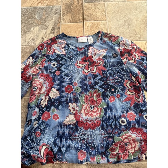 Alfred Dunner Tops - Alfred Dunner Womens Blue Red Floral Mesh Lined Blouse Top Size 18 Long Sleeve